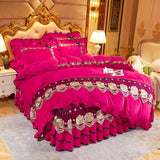 Qfdian father's day gifts Super Soft Beige Lace Flowers Embroidery Crystal Velvet Korean Bedding Duvet/Quilt Cover Pillowcases Solid Color Home Textiles