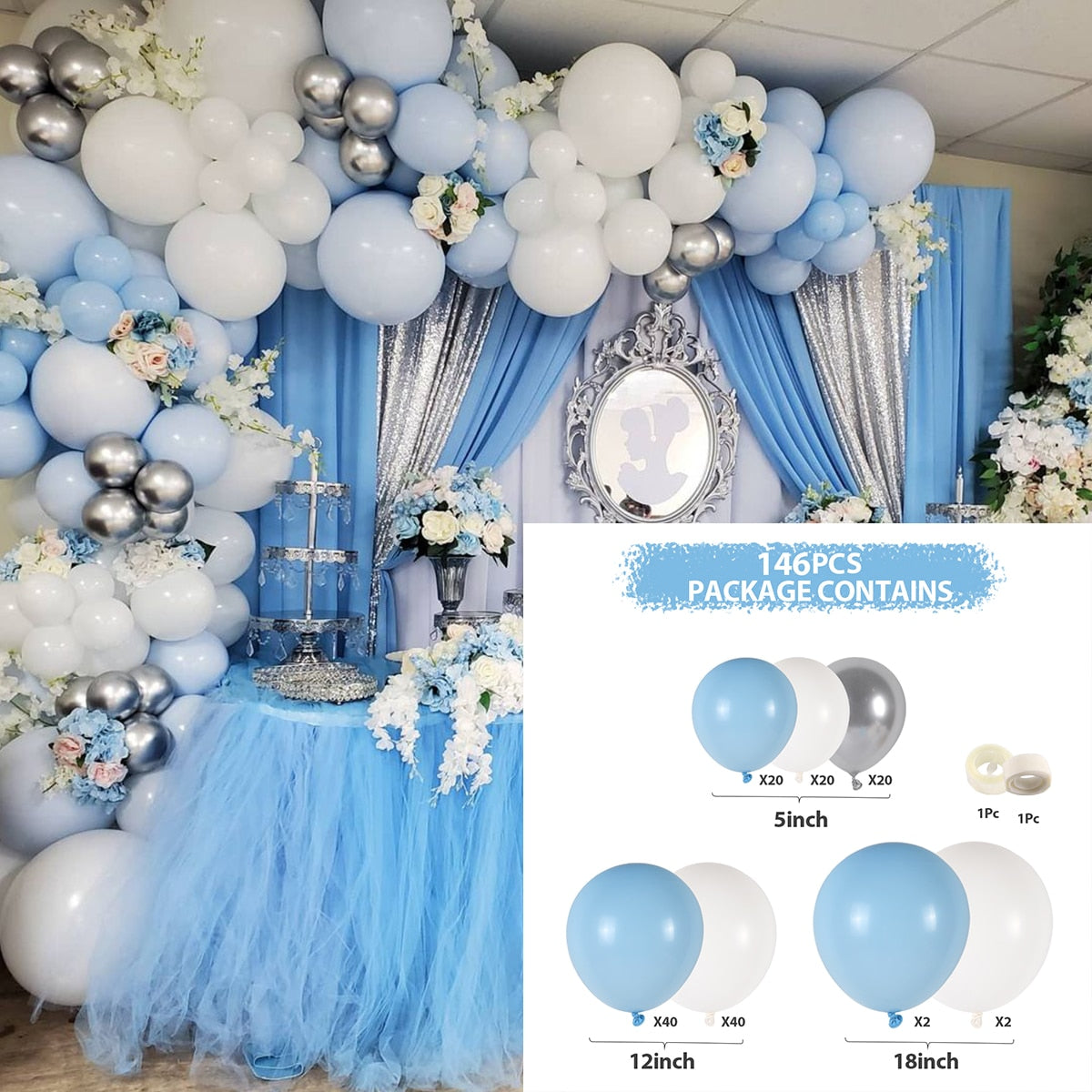 Qfdian 104pcs Bule Silver Macaron Metal Balloon Garland Arch Wedding Birthday Balloons Decoration Party Balloons For Kids Baby Shower