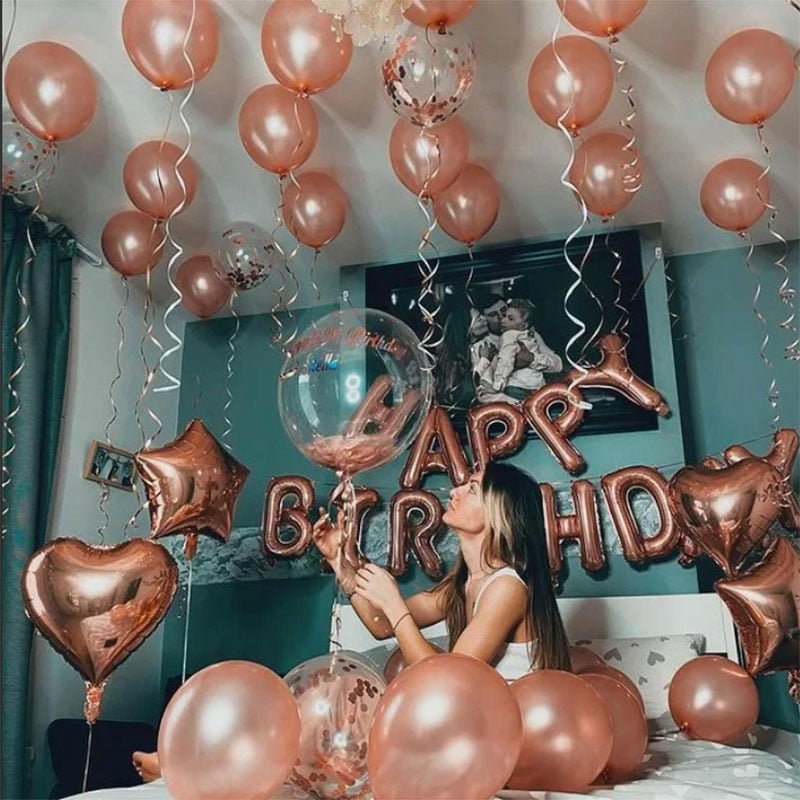 Qfdian Party decoration hot sale new Rose Gold Happy Birthday Party Decor Balloons Chrome Air Helium Balloon Baby Shower 18 25 30th Birthday Anniversary Decorations