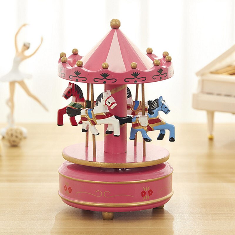 Qfdian Party decoration Blue Pink Wooden Carousel Music Box Valentines Day Gift Souvenir Gift Wedding Favors Gifts for Guest