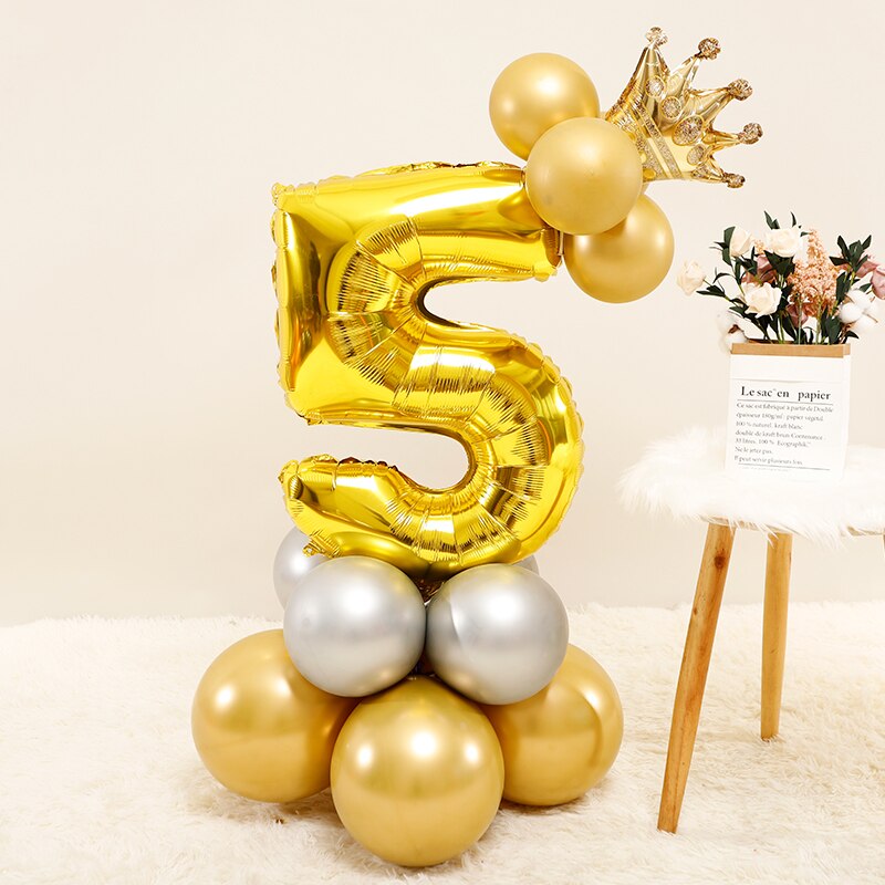 Qfdian Party decoration 17pcs Gold Number Crown Foil Balloon Silver Metallic Latex Balloons Kids Birthday Party Decorations Baby Shower Anniversaire