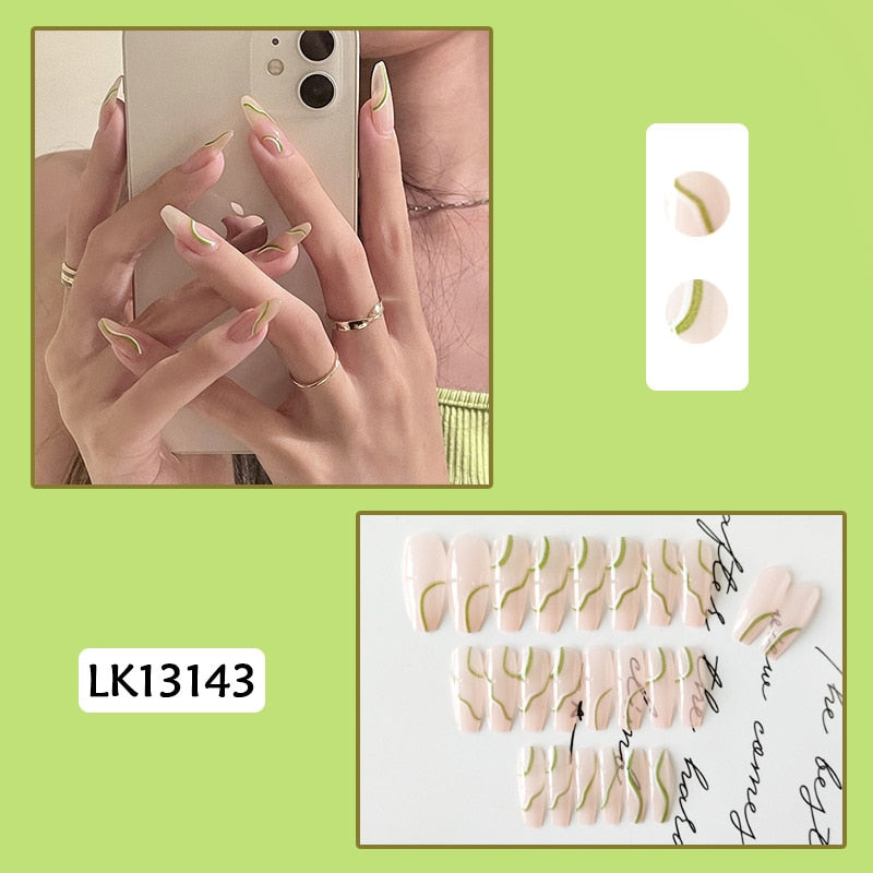 24pcs Green White Wavy Lines Detachable Long Ballerina False Nails with Design Wearable Fake Nails Full Cover Nail Tips