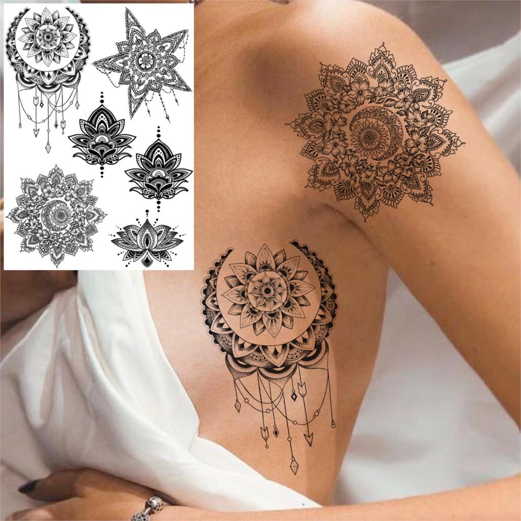 Black Henna Lace Temporary Tattoos Sticker For WOmen Butterfly Moth Mehndi Flower Fake Tatoo Sticker Feather Flora Tatoo