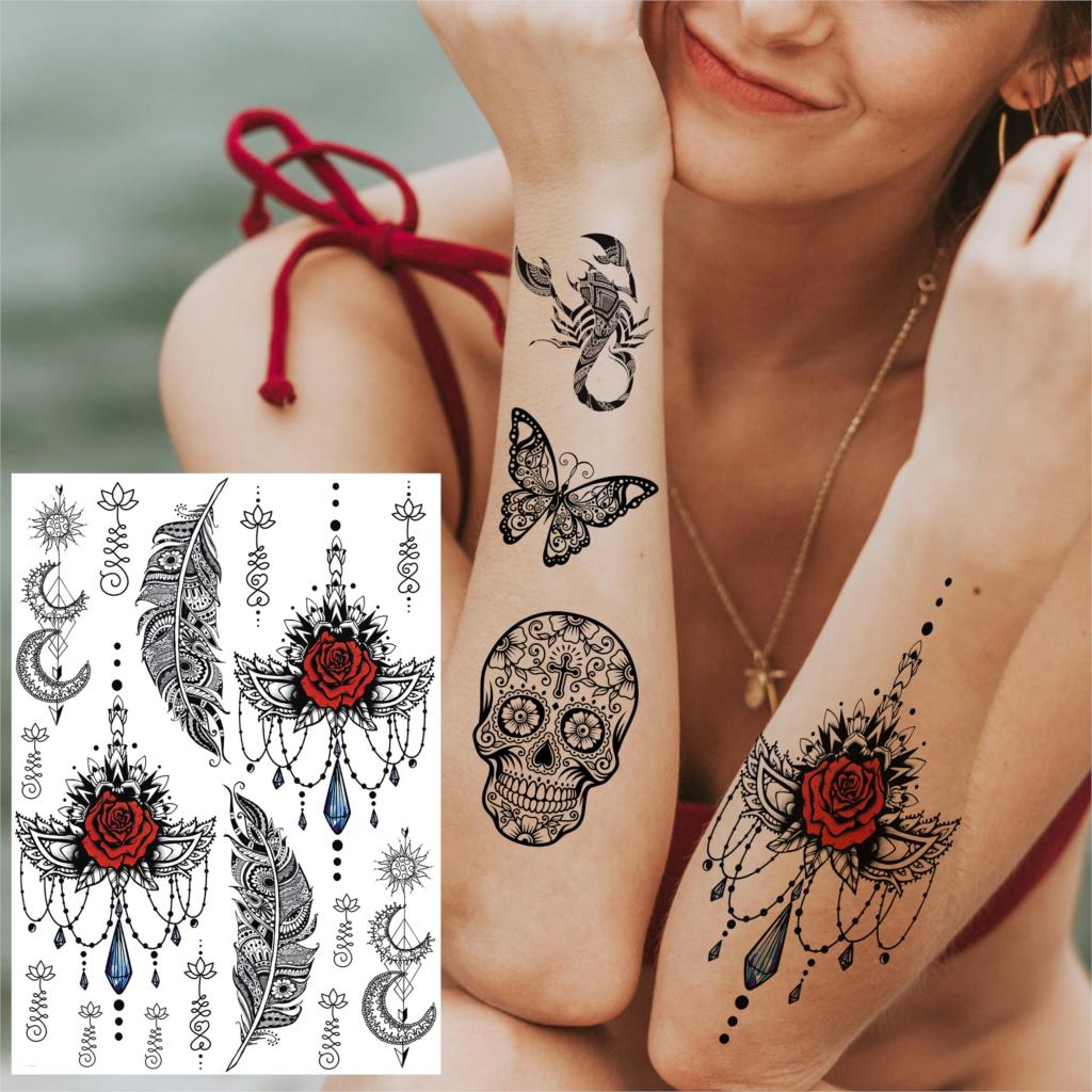 Black Henna Lace Temporary Tattoos Sticker For WOmen Butterfly Moth Mehndi Flower Fake Tatoo Sticker Feather Flora Tatoo