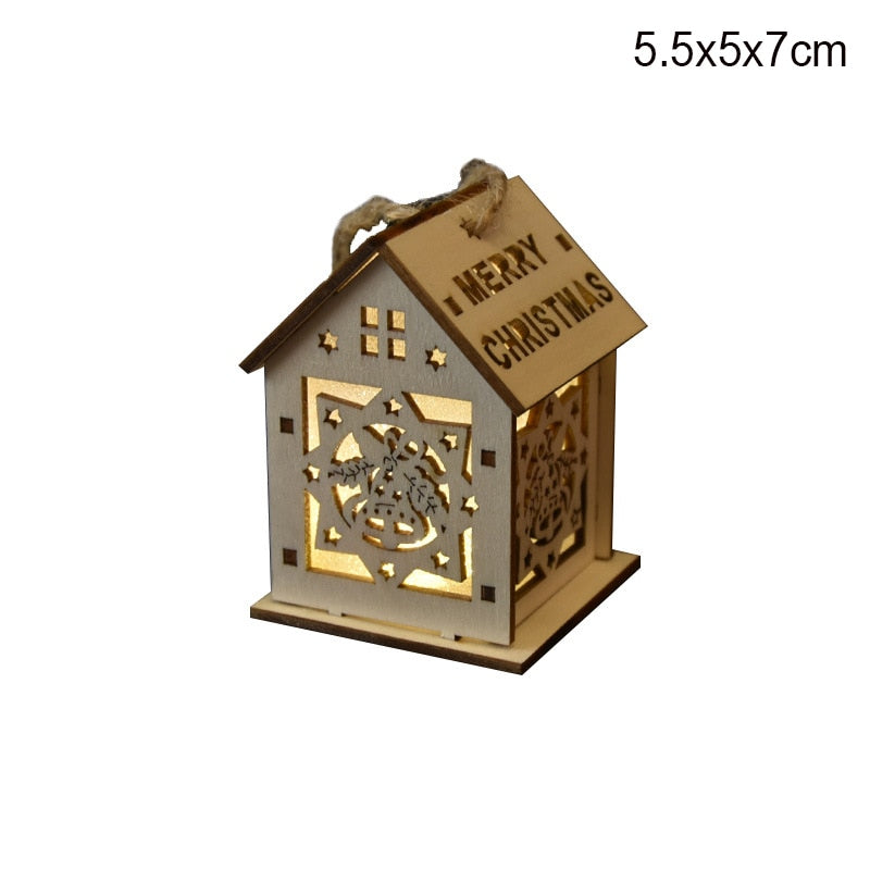 Qfdian halloween decorations halloween costumes halloween gift LED Light Wooden House DIY Merry Christmas Decorations Luminous Cabin Christmas Tree Hanging Xmas Ornaments Kids Gift New Year