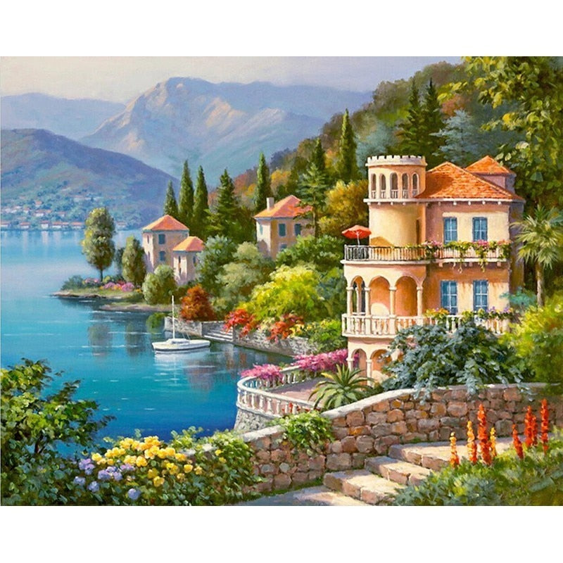 Qfdian Scenery DIY 5D Diamond Painting Full Round Resin Mosaic Landscape Diamond Embroidery Picture Rhinestone Home Decor Gift