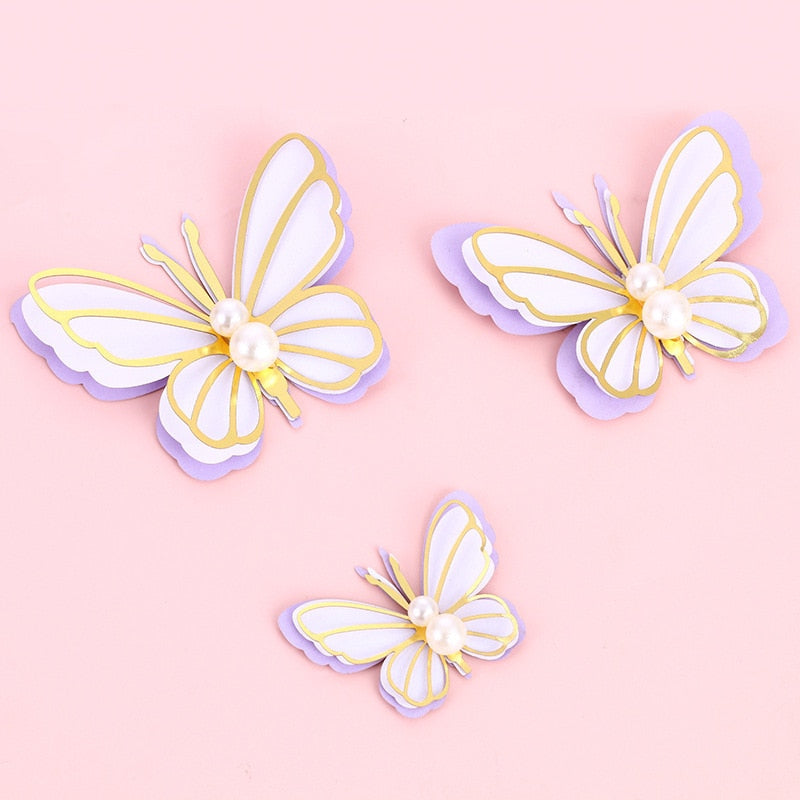 Qfdian Party gifts Party decoration hot sale new 3pcs/Set Bling Butterfly Pearl Paper Cake Topper Happy Birthday Baby Shower Wedding Party Decor DIY Gift Baking Supplies