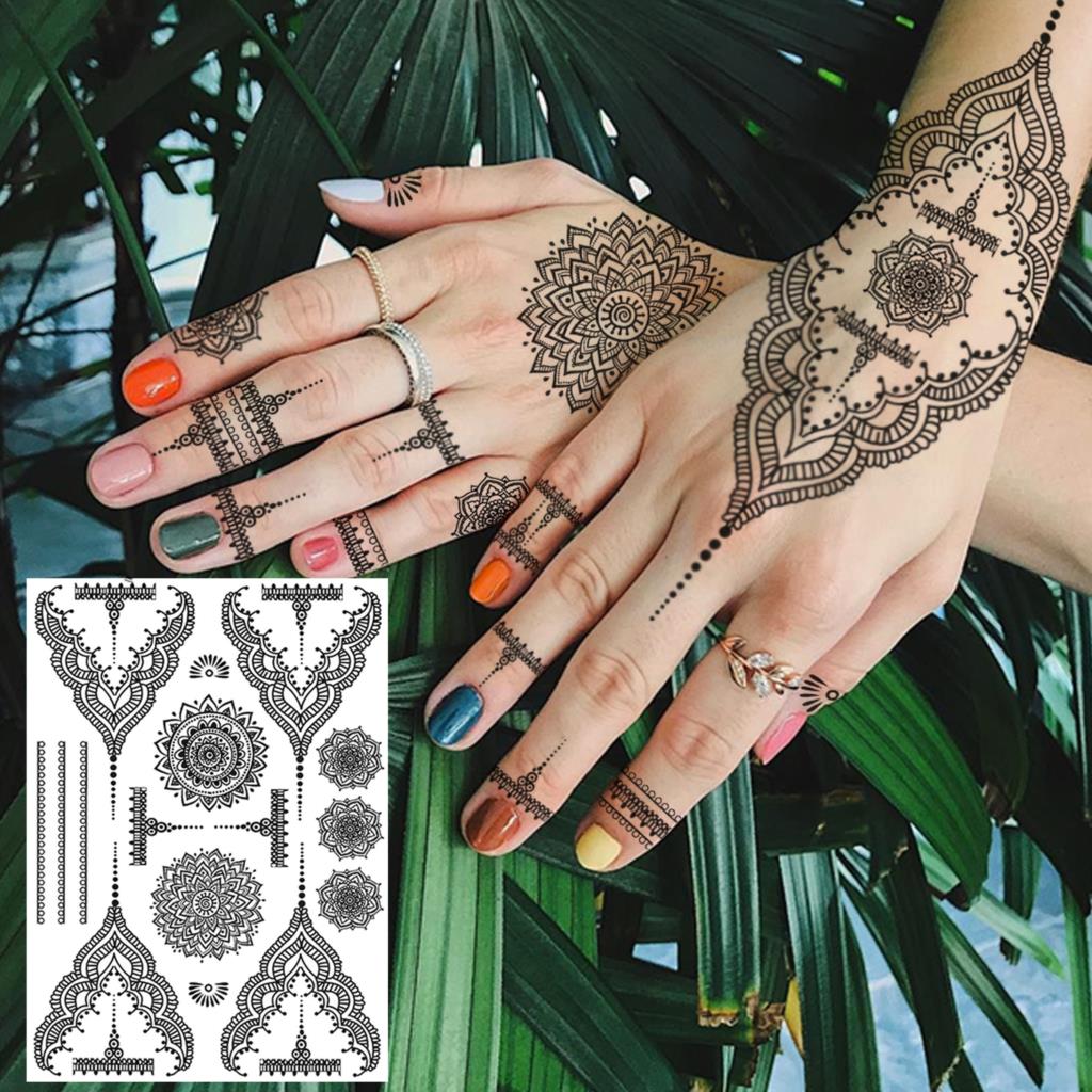 Black Henna Lace Temporary Tattoos Sticker For WOmen Butterfly Moth Mehndi Flower Fake Tatoo Sticker Feather Flora Tatoo