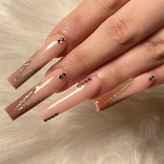 Qfdian gifts for women hot sale new Dark Blue Coffin False Nails With Small Rhinestone Fake Nails Press On Nails Full Cover Nail Tips Wearable Nail Stickers Art