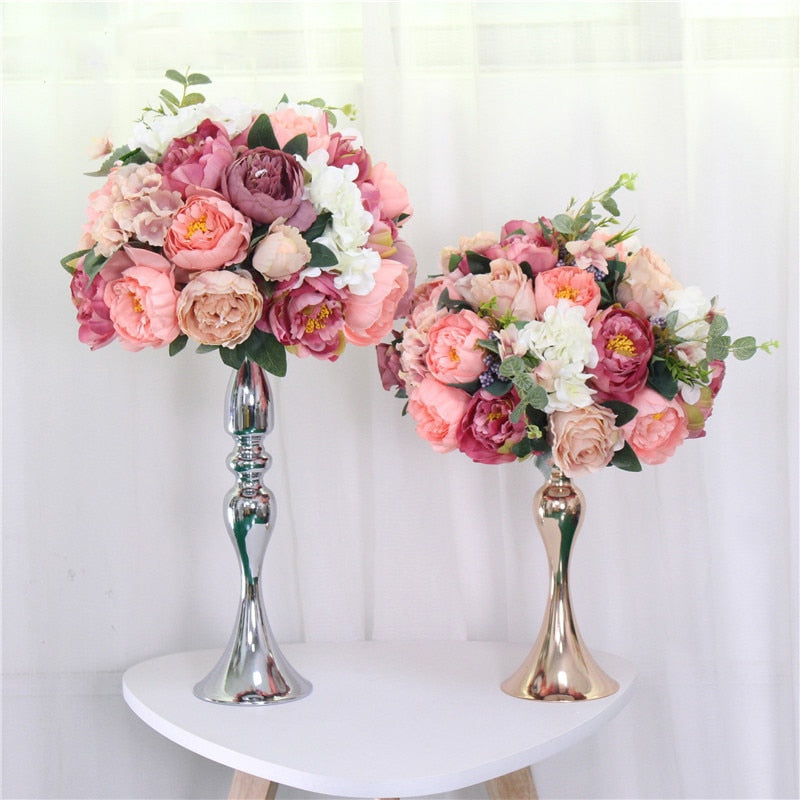 Qfdian 51cm Gold Silver Candle Holders Flower Vase Table Centerpiece Event Floral Ball Stand Road Lead Wedding Decor Metal Candlestick