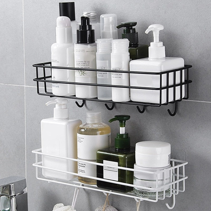 Wall Mounted Bathroom Shelves Floating Shelf Shower Hanging Basket Shampoo Holder WC Accessories Kitchen Seasoning Storage Rack