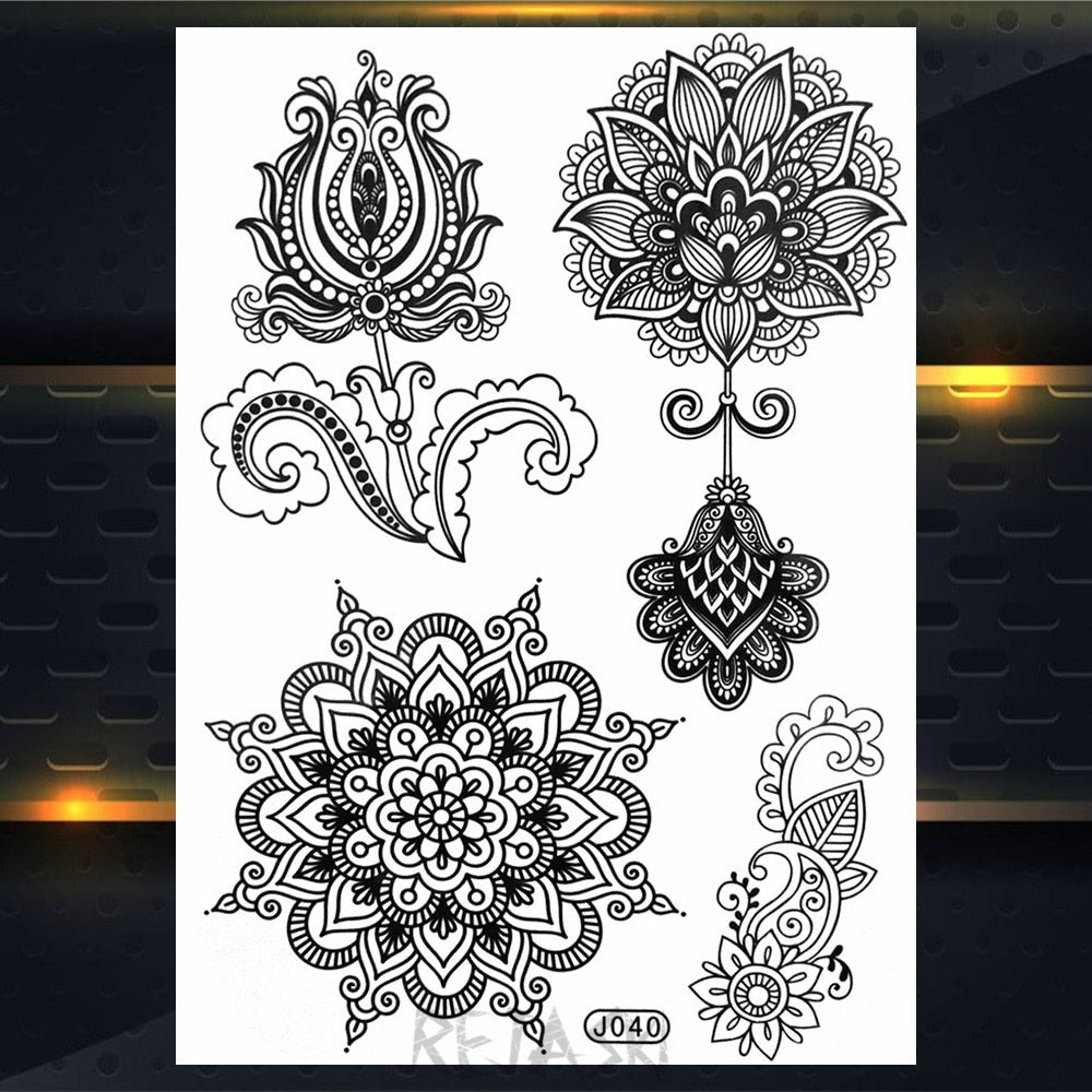 Black Henna Lace Temporary Tattoos Sticker For WOmen Butterfly Moth Mehndi Flower Fake Tatoo Sticker Feather Flora Tatoo