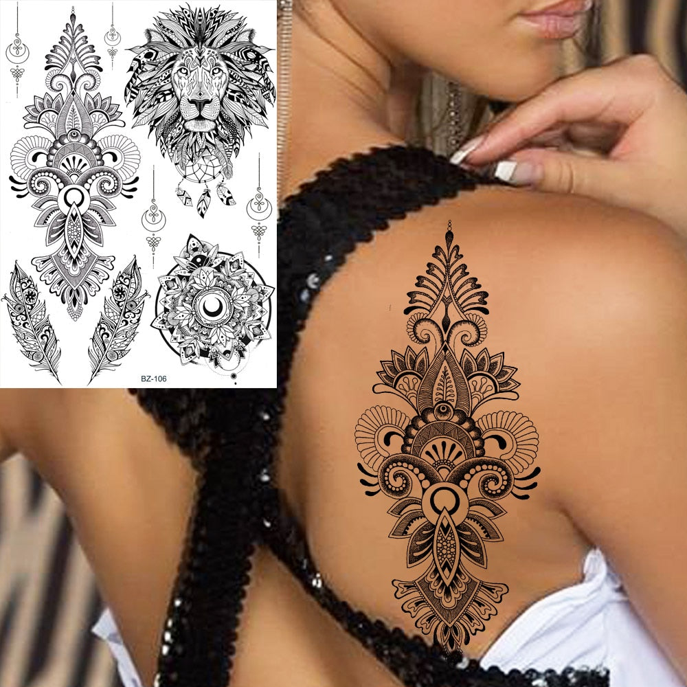 Black Henna Lace Temporary Tattoos Sticker For WOmen Butterfly Moth Mehndi Flower Fake Tatoo Sticker Feather Flora Tatoo