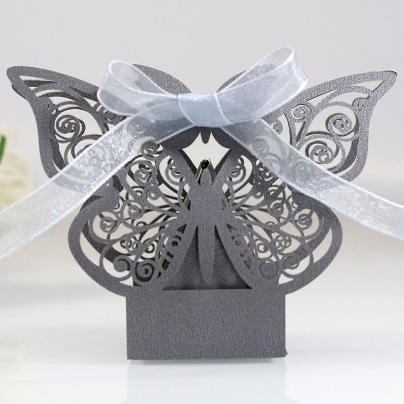 Qfdian 10/50/100pcs Butterfly Laser Cut Hollow Carriage Favors Gifts Box Candy Boxes With Ribbon Baby Shower Wedding Party Supplies