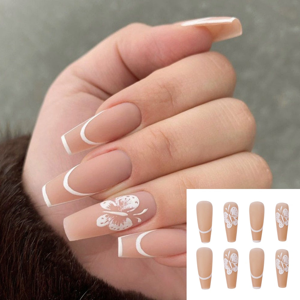 Qfdian gifts for women hot sale new 24PCS Fake Nails With Glue Rhinestones Long Coffin Flame Press on Nails Detachable French Stick on Nails Art DIY faux ongles