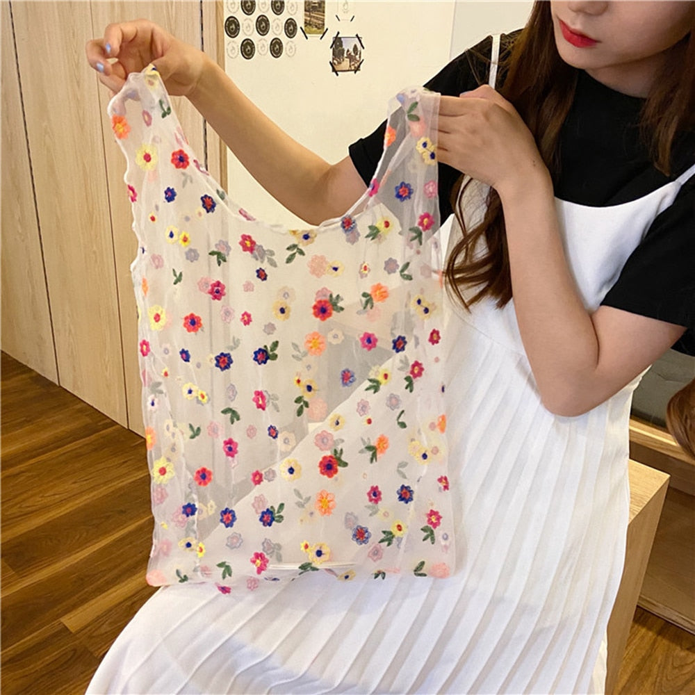 Qfdian Party decoration hot sale new Fashion Lovely Women Small Flower Daisy Embroidery Handbag Organza Casual Tote Mesh Transparent Lace Shopping Bags Eco Handbags