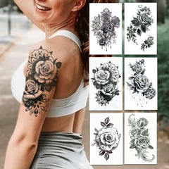 Qfdian gifts for women hot sale new Sexy Mehndi Temporary Tattoos For Women Female Black Rose Flower Fake Tattoo Sticker Hand Jasmine Camellia Branch Tatoo Pendants