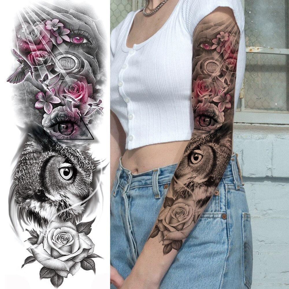 Qfdian gifts for men  Full Arm Evil Eye Temporary Tattoo Sticker For Men Women Realistic Skull Rose Flower Tatoos Body Art 3D Waterproof Fake Tattoos