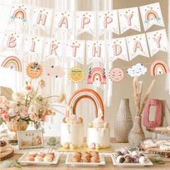 Qfdian Party gifts Party decoration hot sale new Boho Rainbow Happy Birthday Banner Bohemian Sun Cloud Garland for Girls Boho 1st 2nd 3rd Birthday Party Decorations