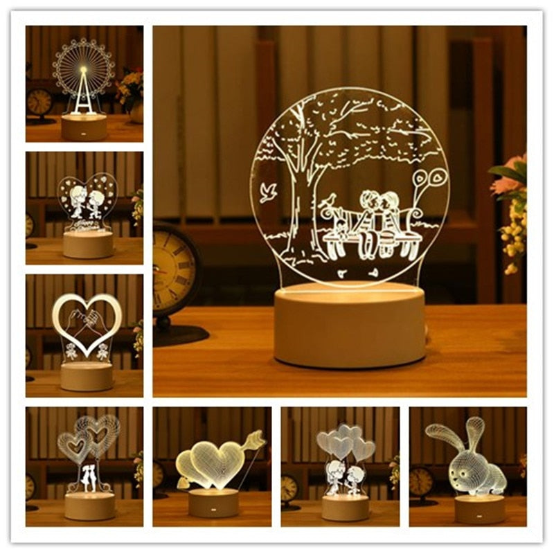 Qfdian Party decoration Valentine's Day Gift Rose 3D Lamp Acrylic LED Night Light Love/Bear/rabbit-shape Valentine Gift Girl Boy Present Easter Decor