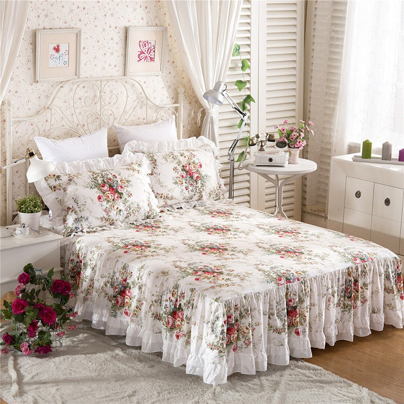 Qfdian Cozy apartment aesthetic hot sale new 100% Cotton Princess Romantic Flower Print Ruffle Bedding Bed Skirt Bedspread Mattress Cover Duvet Cover Sheet Pillowcases