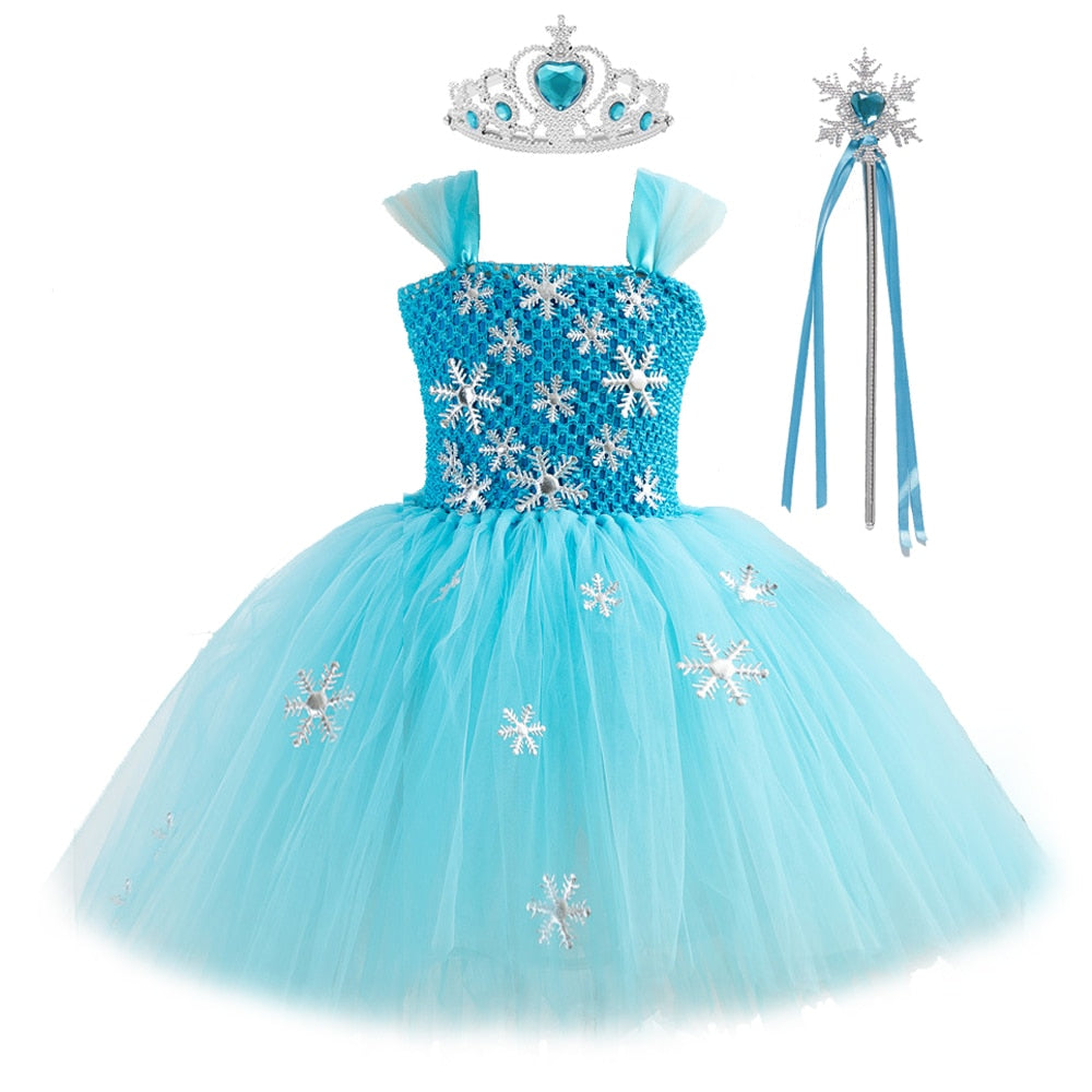 Qfdian halloween decorations halloween costumes Blue Princess Elsa Dress for Girls Snow Queen Tutu Dress Up Costumes for Kids Girl New Year Clothes Snowflake Christmas Outfits