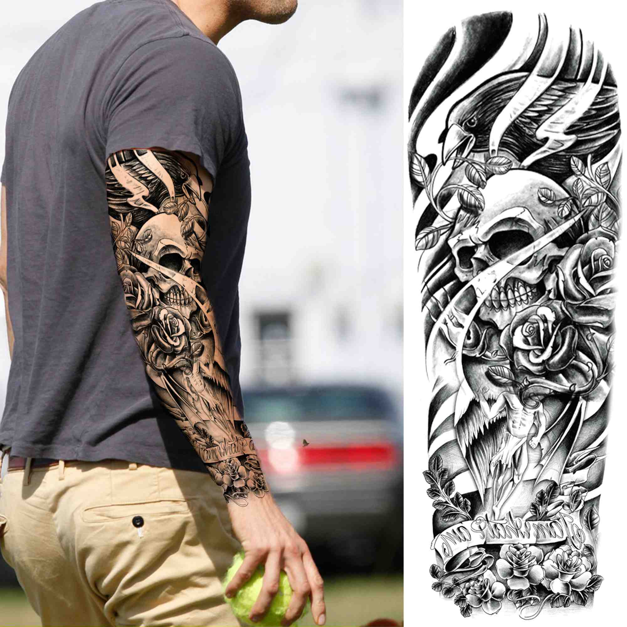 Qfdian gifts for men  Full Arm Evil Eye Temporary Tattoo Sticker For Men Women Realistic Skull Rose Flower Tatoos Body Art 3D Waterproof Fake Tattoos