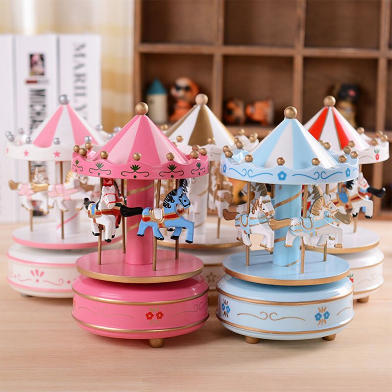 Qfdian Party decoration Blue Pink Wooden Carousel Music Box Valentines Day Gift Souvenir Gift Wedding Favors Gifts for Guest