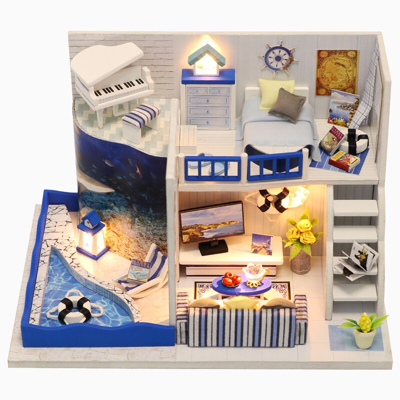 Qfdian Mini Dollhouse kit with Dust Cover Diy Wooden Doll House Miniatures Kit Dollhouse Furniture Accessories Toys for Childre