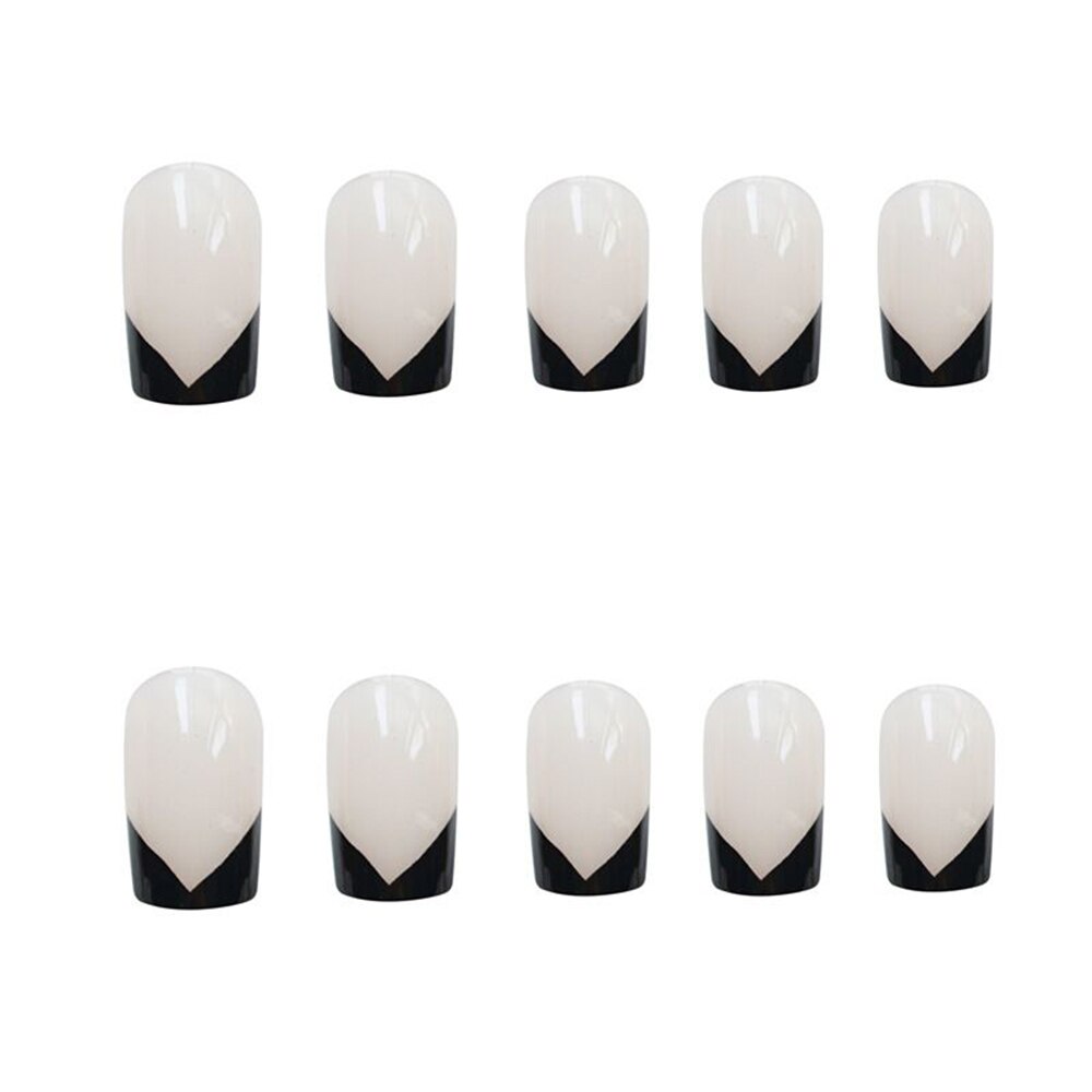 QFDIAN American punk style pure color with black V pattern false nails 24pcs with press glue french lady full nail tips bride fake nail