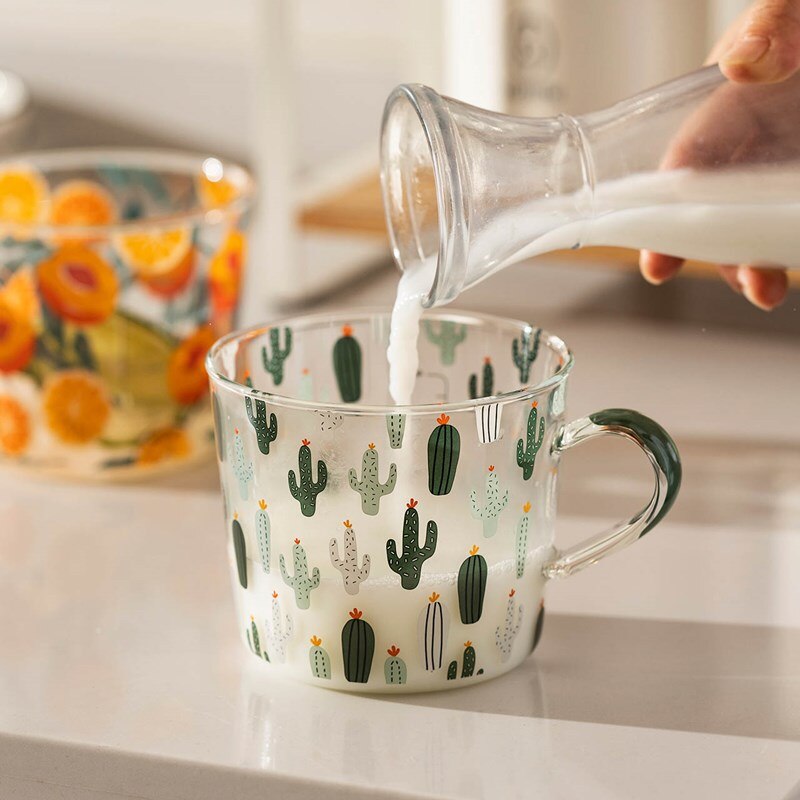 Qfdian Party decoration hot sale new Ins 500ml Yellow Peach Cactus Glass Tea Milk Cups with Scale Coffee Mug Party Creative Drinkware Tumbler Water Cups Japan Style