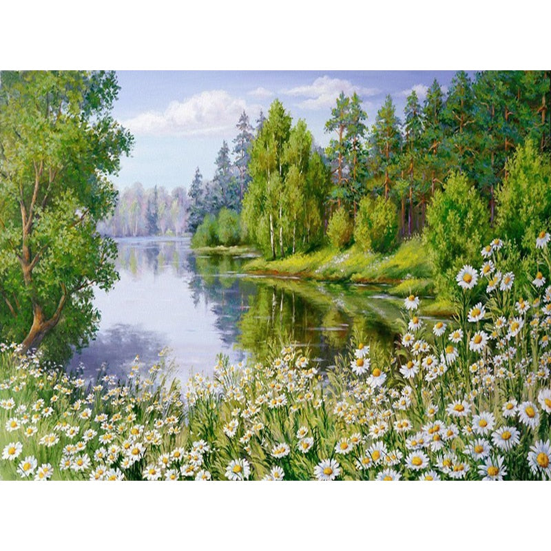 Qfdian Scenery DIY 5D Diamond Painting Full Round Resin Mosaic Landscape Diamond Embroidery Picture Rhinestone Home Decor Gift