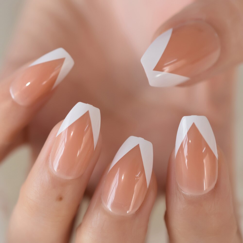 Qfdian Natural Nude Color Press On Nails Marble White Artificial False Nails Square Short Glossy Pattern Tips with Glue Sticker