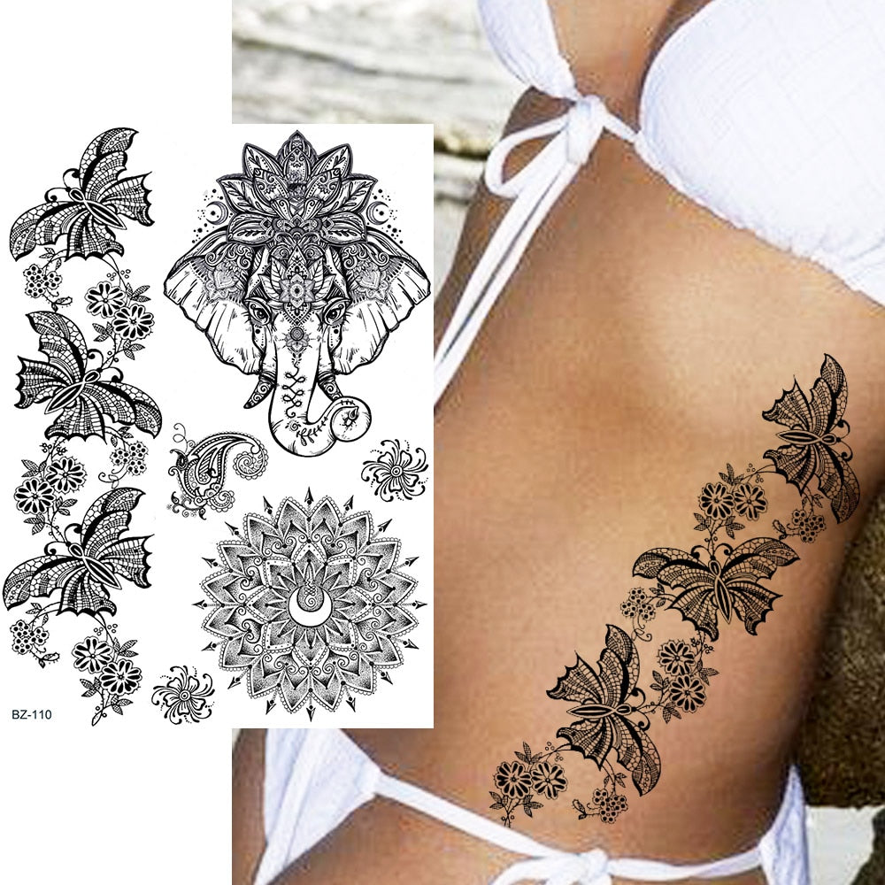 Black Henna Lace Temporary Tattoos Sticker For WOmen Butterfly Moth Mehndi Flower Fake Tatoo Sticker Feather Flora Tatoo