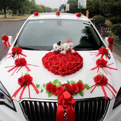 Qfdian Party decoration Wedding Car Simulation Flowers Decoration Set Bride To Be Team Car Head Flower Romantic Wedding Car Decoration