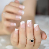 QFDIAN Beige French Nails White Tip Squoval False Nails Short Medium Size Ladies Artificial Manicure Tips for Daily Wear