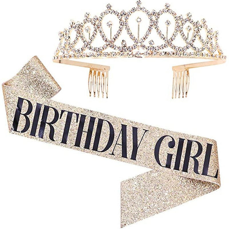 Qfdian Party decoration valentines day 18 30 40 50 60 Happy Birthday Girl Queen Sash Crystal Crown Headband Birthday Party Decoration Adult Anniversary Party Ornaments