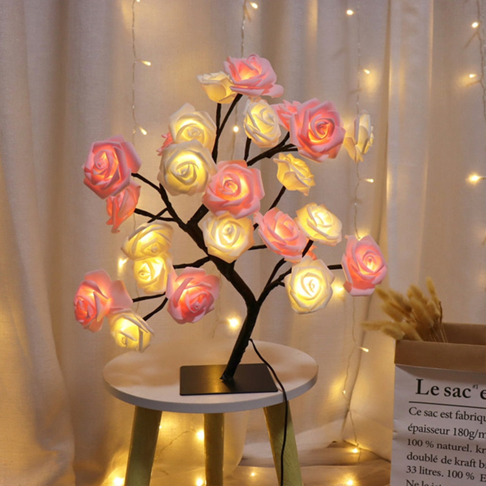 Qfdian home decor hot sale new Rose Flower Tree Lamp Decorative Table Bedside Night Light Christmas Decorations 2022 Led Wedding Fairy Outdoor String For Home