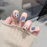 24Pcs false nails with designs cow and Blue Color cut design Fake Nail Shiny Gold Foil  artificial nails with glue for girls