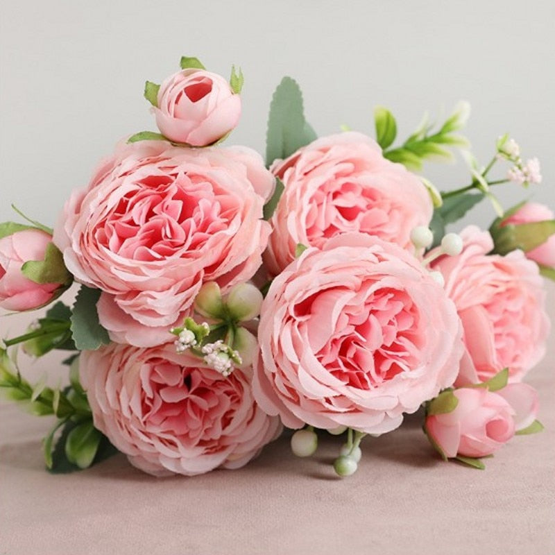 Qfdian  Christmas Silk Peony Artificial Flowers Rose Wedding Home DIY Decor High Quality Big Bouquet Foam Accessories Craft White Fake Flower