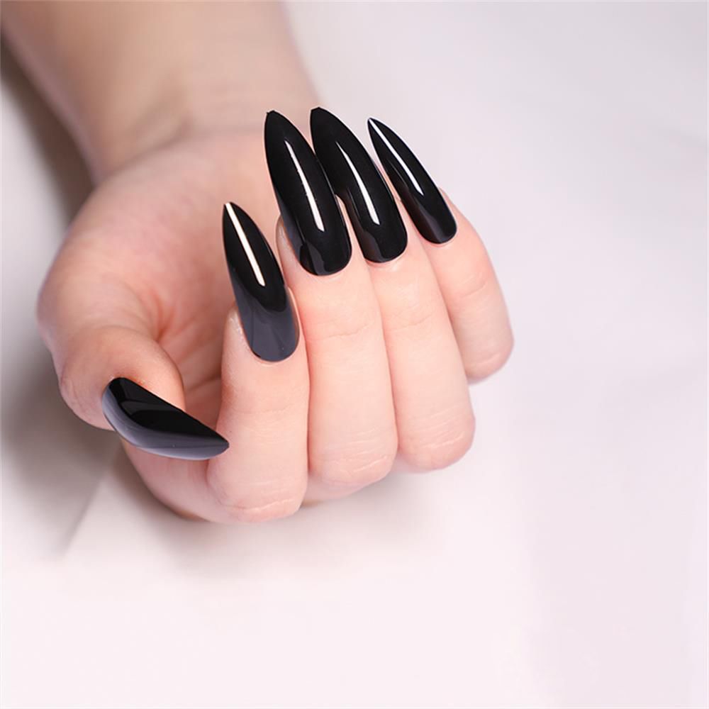 QFDIAN 24Pcs Long Coffin False Nails Black White Cool Girl Artificial Ballerina Fake Nails With Glue Full Cover Nail Tips Press On Nail