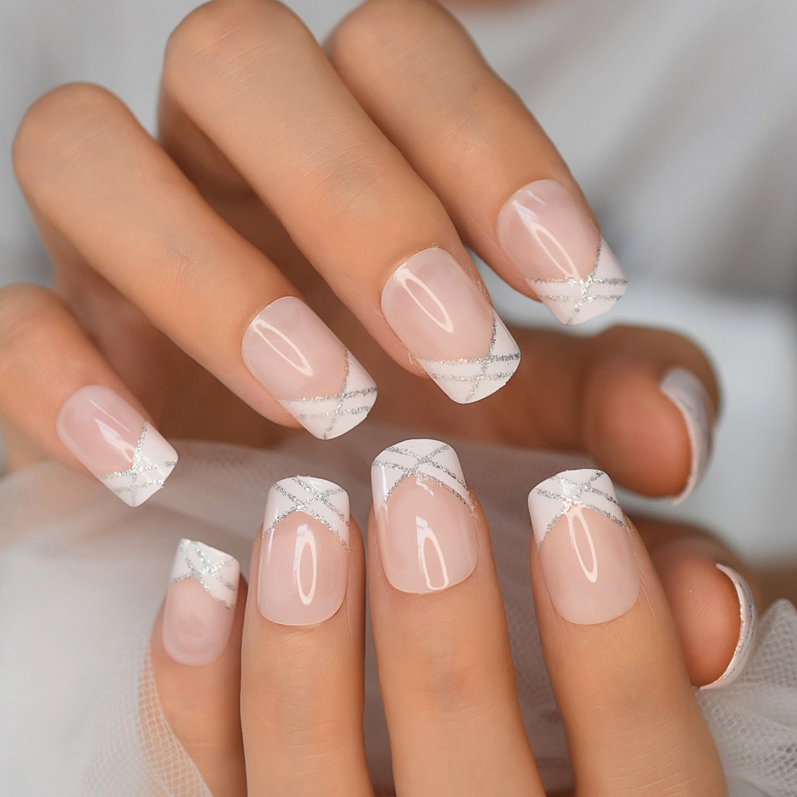 Qfdian Natural Nude Color Press On Nails Marble White Artificial False Nails Square Short Glossy Pattern Tips with Glue Sticker