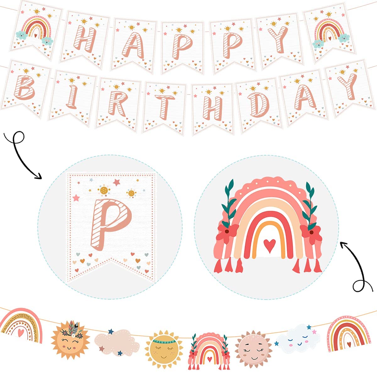 Qfdian Party gifts Party decoration hot sale new Boho Rainbow Happy Birthday Banner Bohemian Sun Cloud Garland for Girls Boho 1st 2nd 3rd Birthday Party Decorations