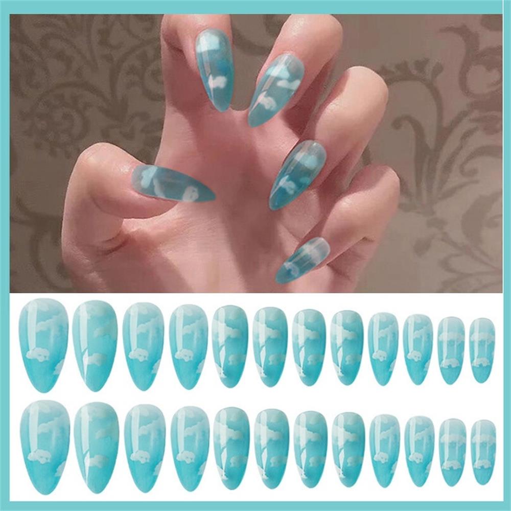 Qfdian 24Pcs/Set Blue Sky White Cloud Pattern Design False Nail French Stiletto Full Cover Fake Nails Glue DIY Manicure Nail Art Tools