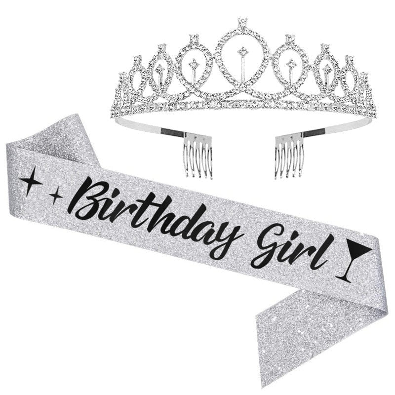 Qfdian Party decoration valentines day 18 30 40 50 60 Happy Birthday Girl Queen Sash Crystal Crown Headband Birthday Party Decoration Adult Anniversary Party Ornaments