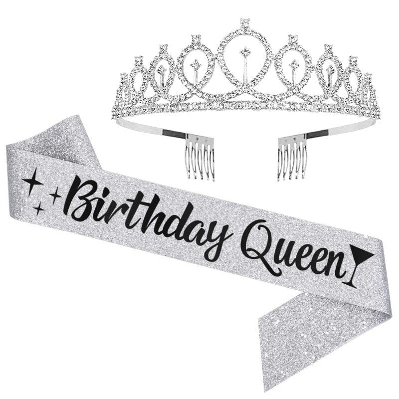 Qfdian Party decoration valentines day 18 30 40 50 60 Happy Birthday Girl Queen Sash Crystal Crown Headband Birthday Party Decoration Adult Anniversary Party Ornaments