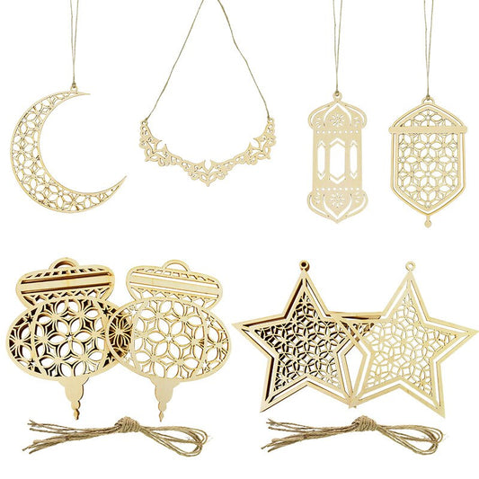 Qfdian Party decoration 3Pieces Islam Ramadan Wooden Accessories Moon Star Wind Lantern Shape Wood Plaque Sign for Home Wall Diy Eid Mubarak Decorations