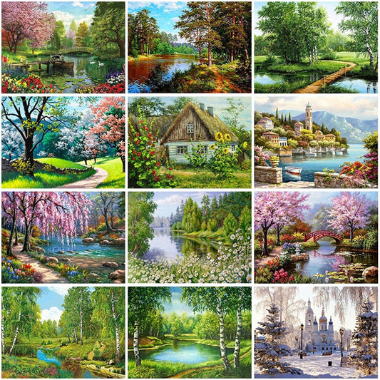 Qfdian Scenery DIY 5D Diamond Painting Full Round Resin Mosaic Landscape Diamond Embroidery Picture Rhinestone Home Decor Gift