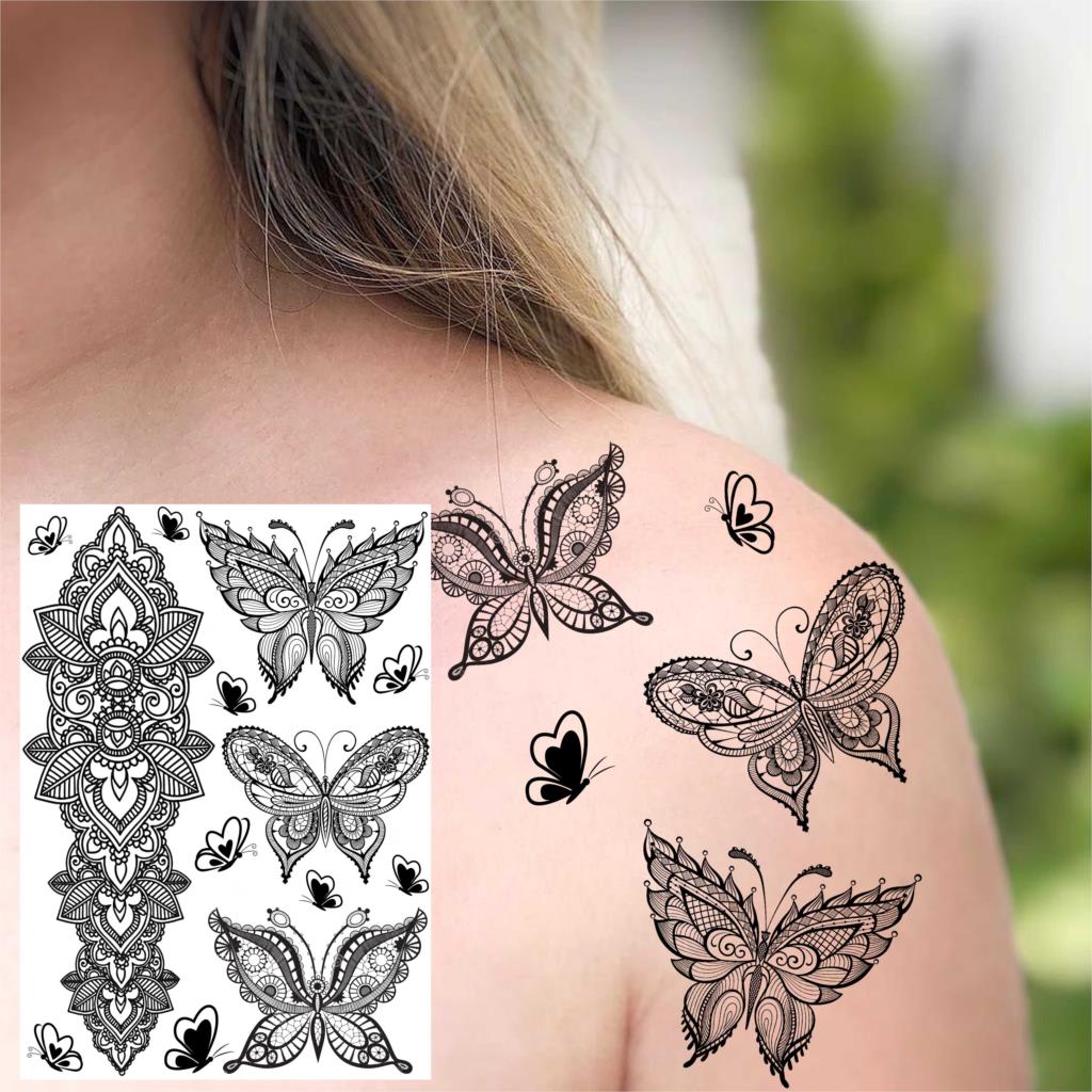 Black Henna Lace Temporary Tattoos Sticker For WOmen Butterfly Moth Mehndi Flower Fake Tatoo Sticker Feather Flora Tatoo