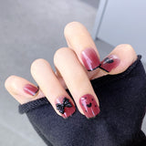 24Pcs false nails with designs cow and Blue Color cut design Fake Nail Shiny Gold Foil  artificial nails with glue for girls
